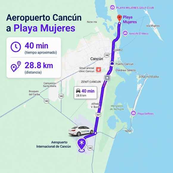 Mapa mostrando a rota direta do Aeroporto de Cancún até Playa Mujeres