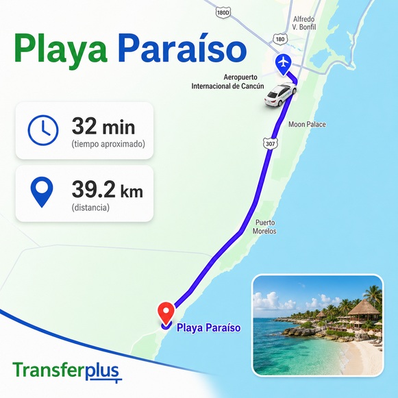 Route from Cancun International Airport to Playa Paraiso in Riviera Maya