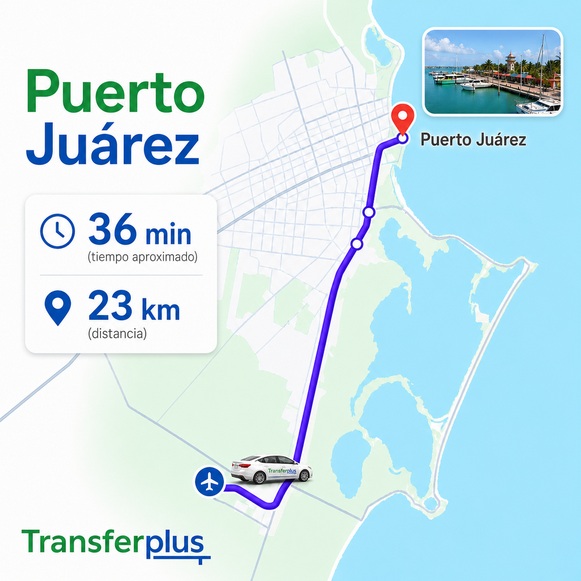 Map showing the direct route from Cancun Airport to Puerto Juárez