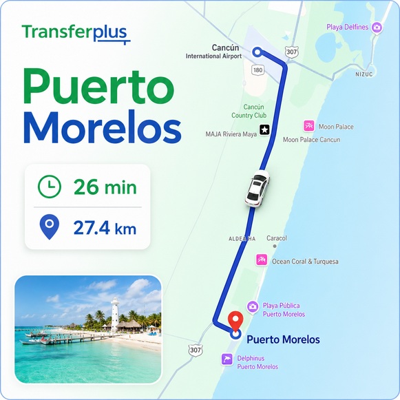 Mapa mostrando la ruta directa del Aeropuerto de Cancún a Puerto Morelos